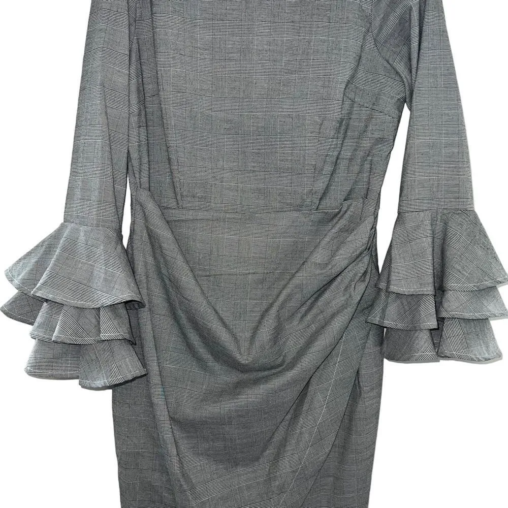Beulah Style Farrow State Gray Houndstooth Ruffle Sleeve Dress Size L - Image 7