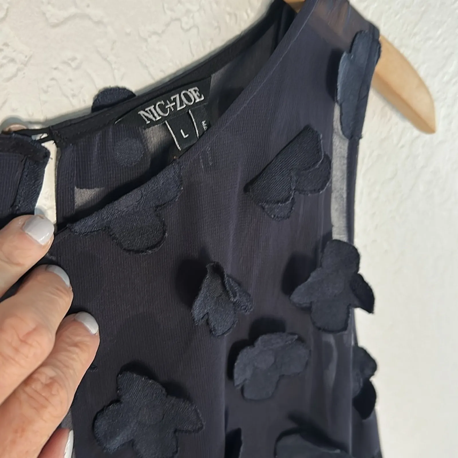 NIC +ZOE Navy Blue Appliqué Dress Textured Sleeveless Brunch Lunch Day Party 3D - Image 3