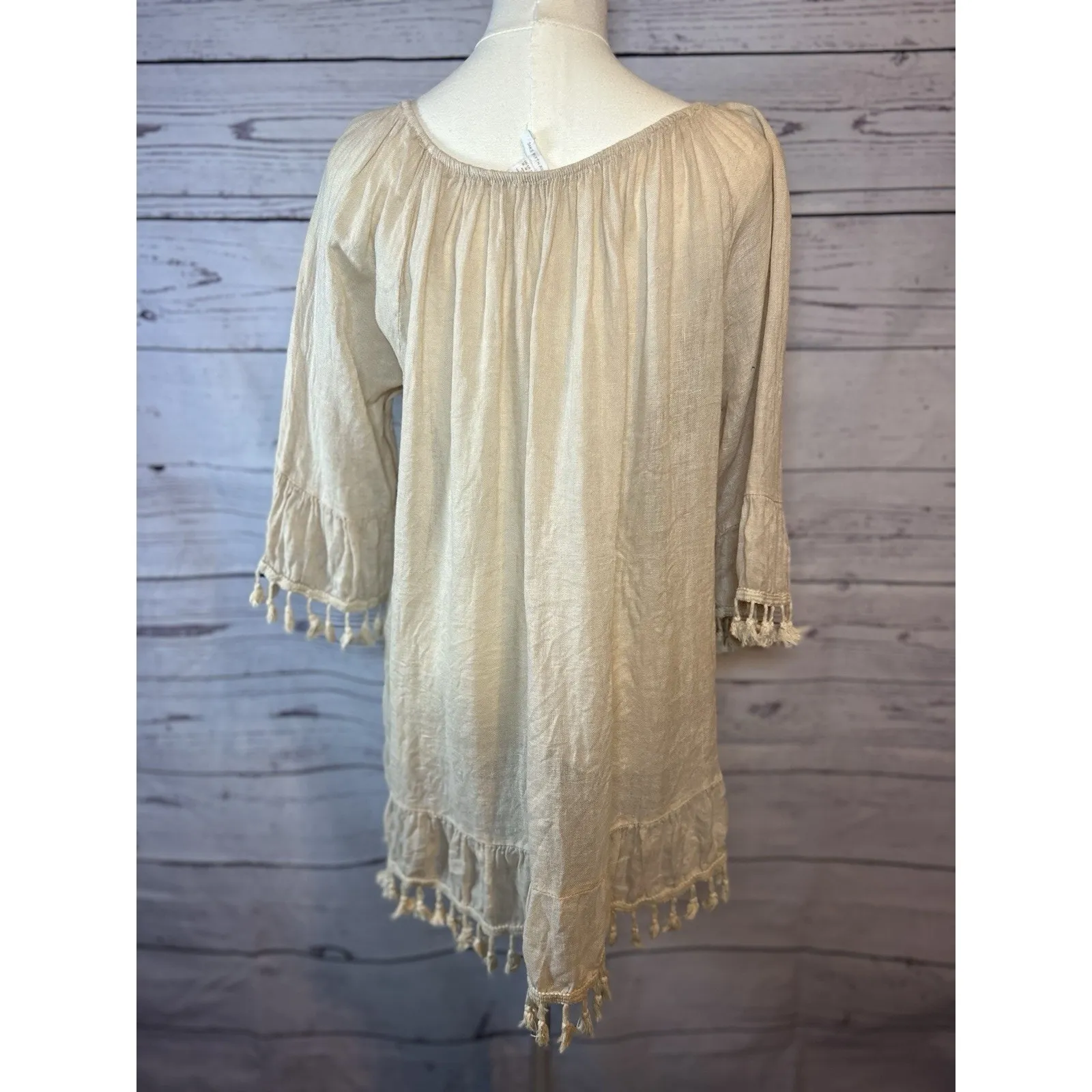 Saks Fifth Avenue Italian Linen Boho Fringe Top Tan M Convertible Off Shoulder - Image 3