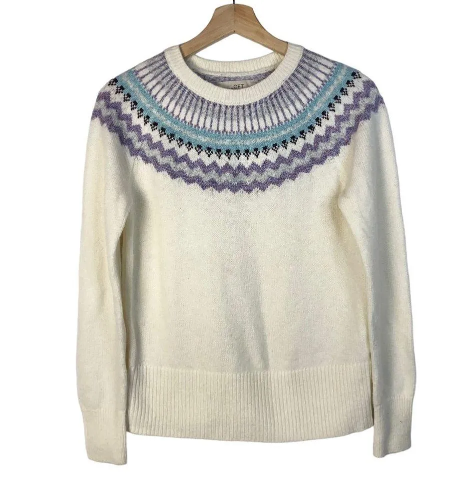 Ann Taylor LOFT White & Purple Fair Isle Nordic Crewneck Sweater XS - Image 3
