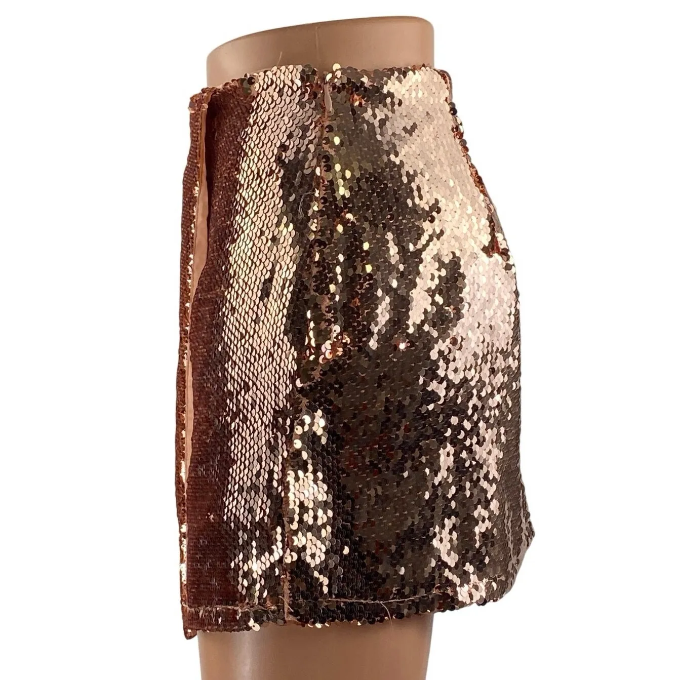 Superdown Sonya Rose Gold Sequin High Waisted Surplice Faux Wrap Mini Skirt XS - Image 2