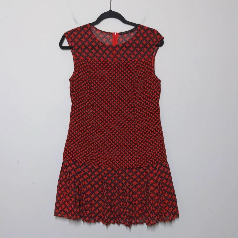 Karen Millen Womens A Line Dress Red Black Houndstooth Crew Neck Cap Sleeve 8 - Image 9