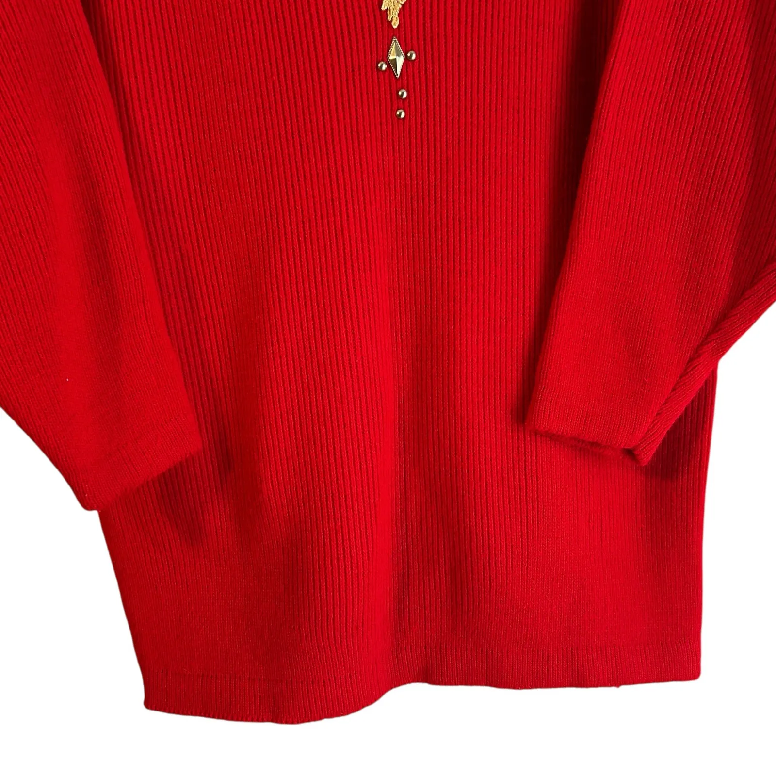 Sweater VTG Red OS Embroidered Jewels Embellished Rib Knit Casual Fairy USA - Image 4