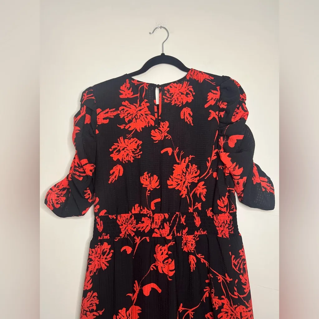 Who What‎ Wear Black Red Floral Puff Sleeve Midi Dress Size L cocktail wedding - Image 9