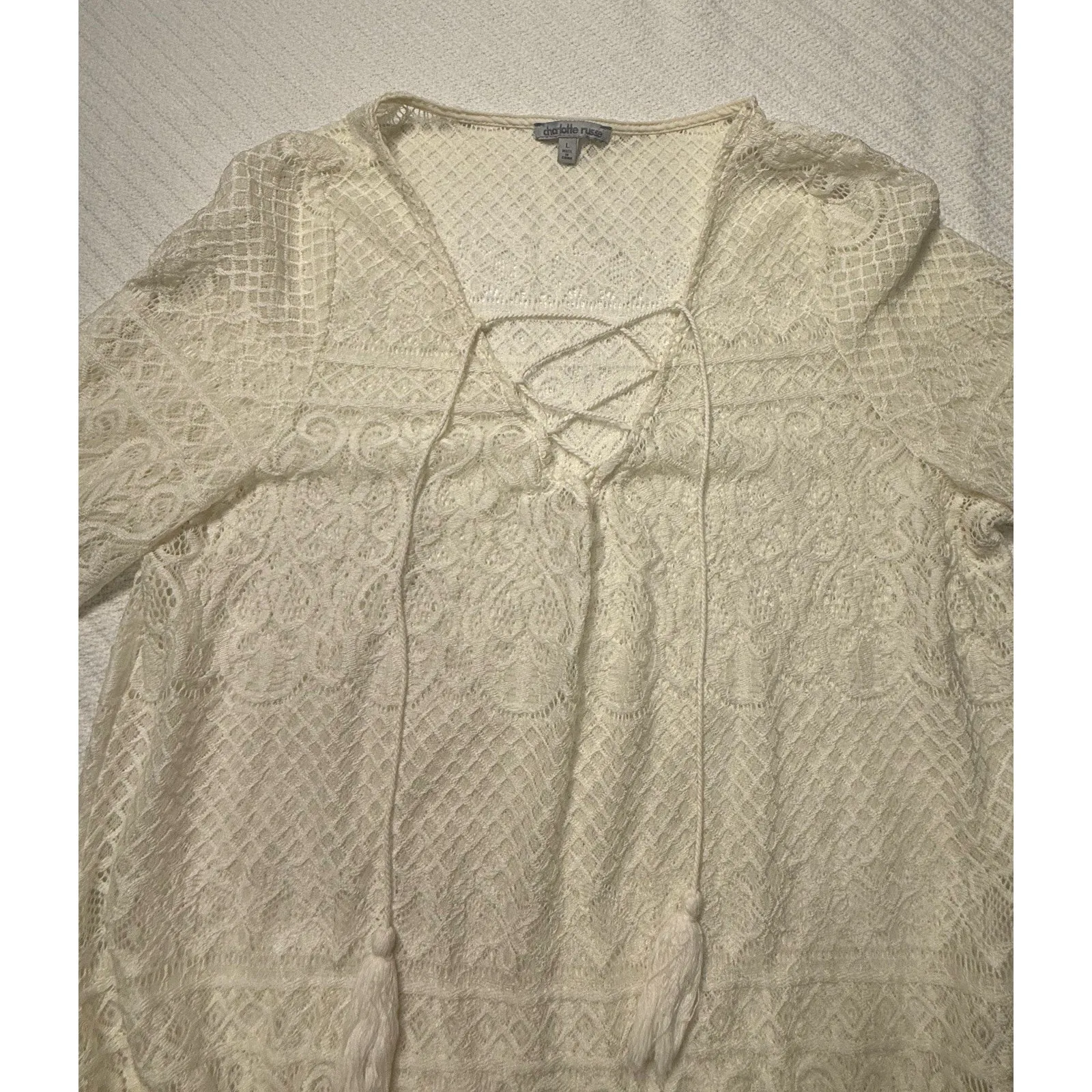 VTG Charlotte Russe Crotchet Prairie Blouse/Bell Sleeve, Y2K Boho Festival‎ LG - Image 2