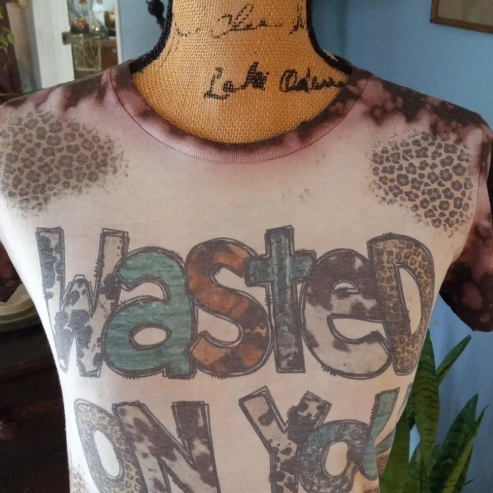 "Wasted on You" Heather Brown Distressed Graphic Tie Dye Tee - Image 3