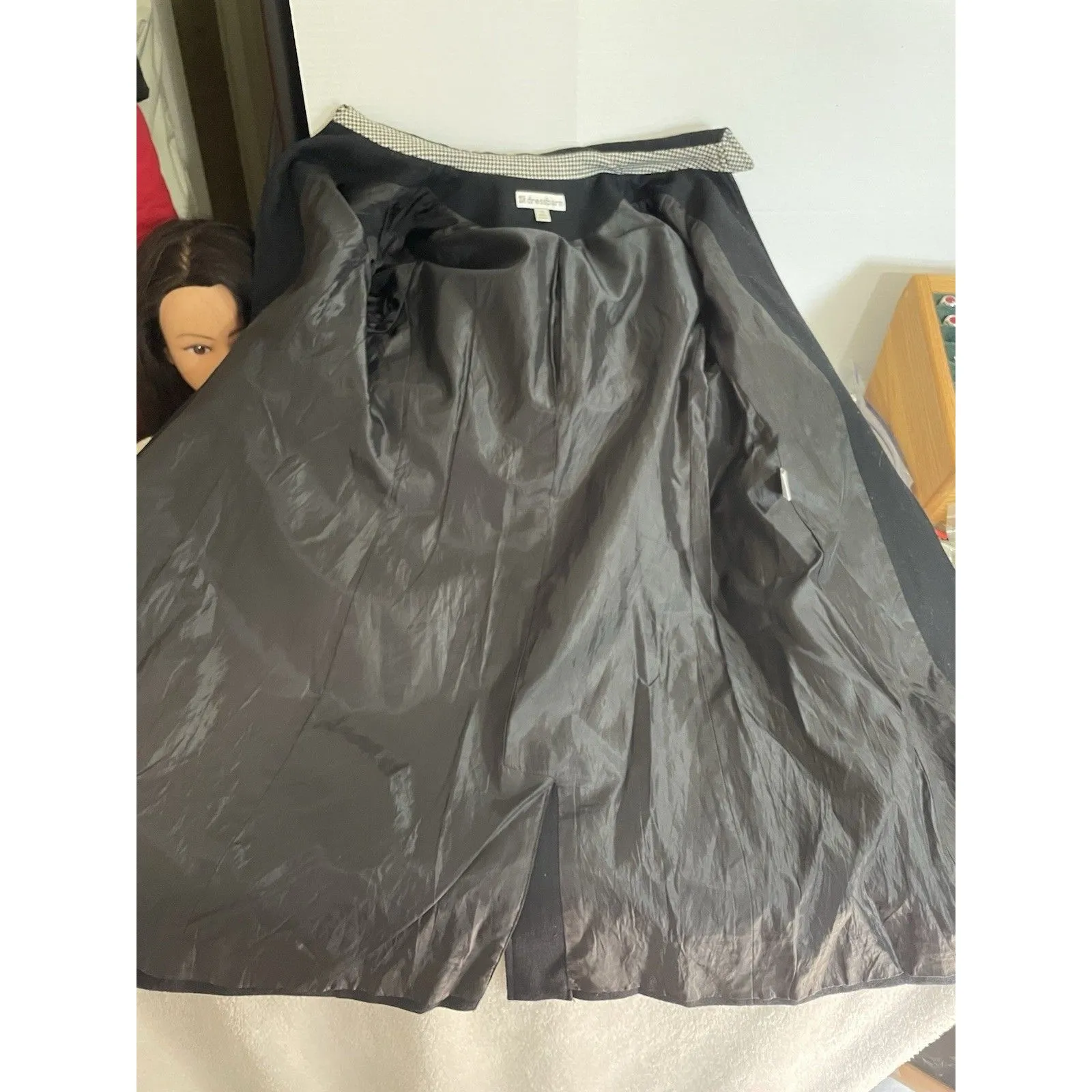 Dress Barn Wool Blend Open Trench Long Jacket Houndstooth Women’s 10 Black - Image 12