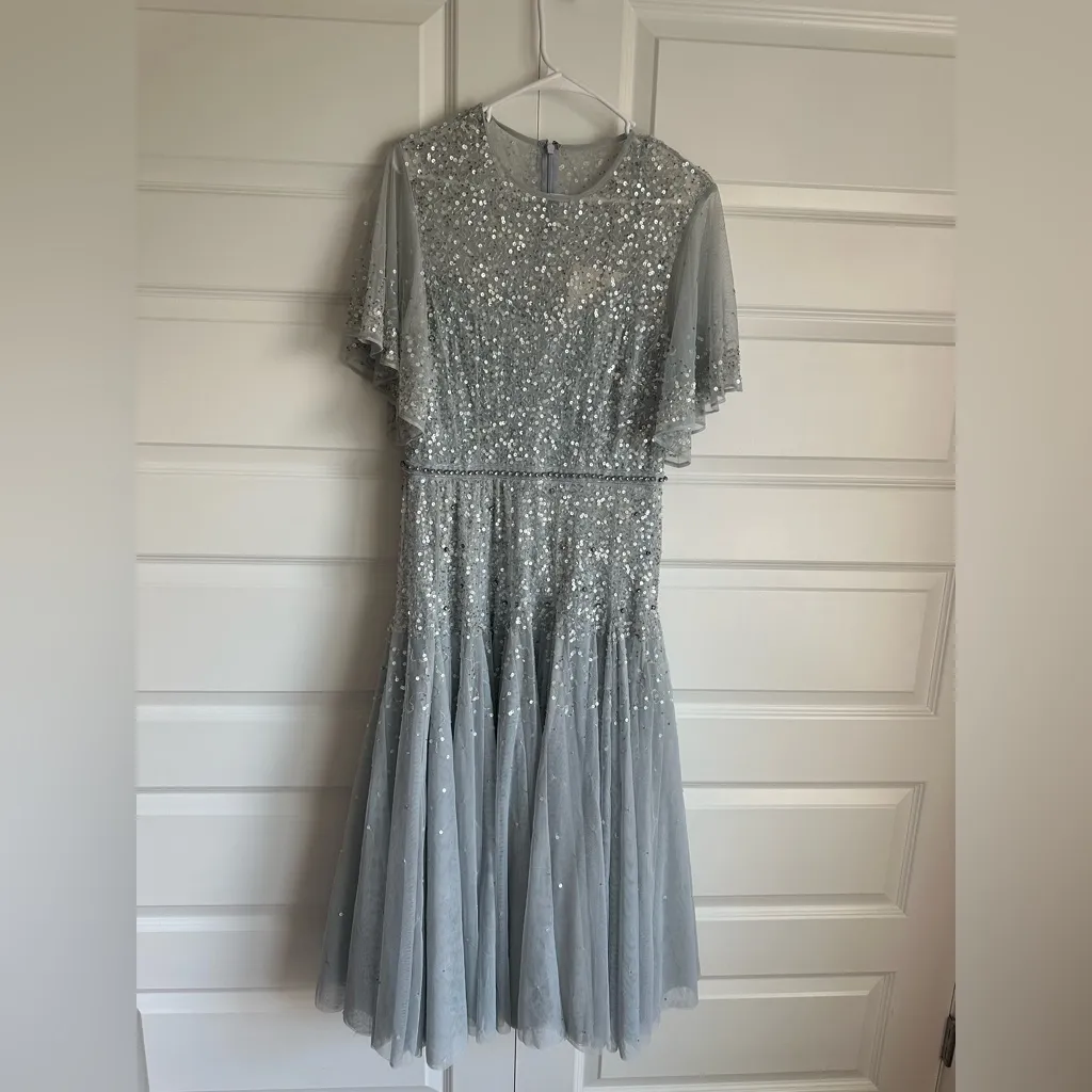 Mac Duggal Cape Sleeve Beaded Midi Dress Powder Blue NWT #93655 - Image 4