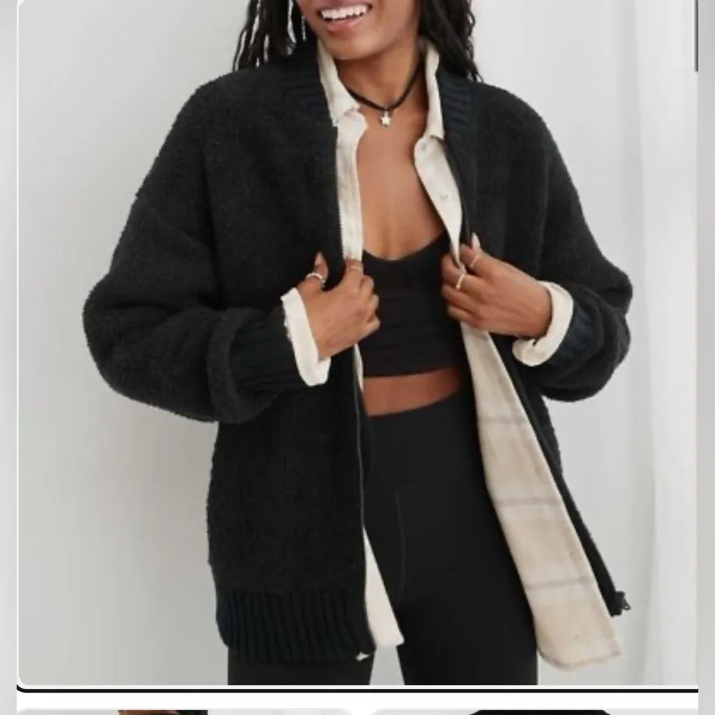 Aerie Full Zip Sherpa Cardigan Comfy Cozy Lounge Black Size XS - Image 10