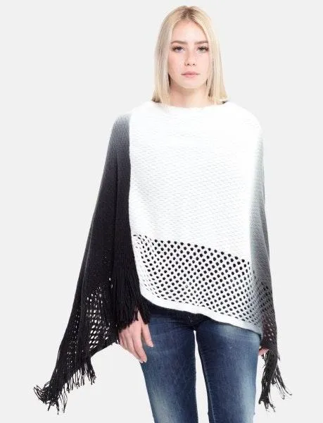 Black Ombre Waffle Knit Poncho With Fringe Tassels - Image 4