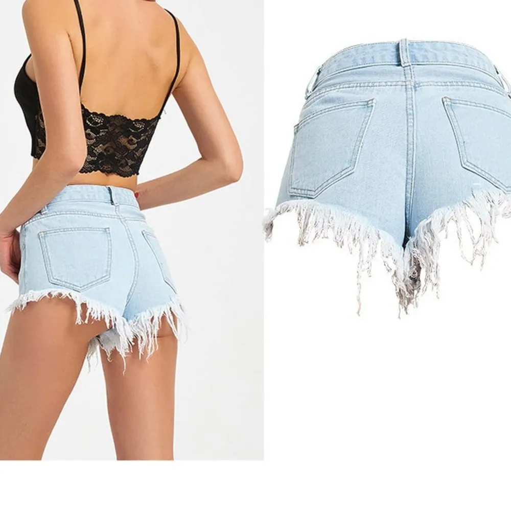 Shredded Irregular Denim High Waist Shorts Hot Pants with Pockets Sz M - Image 3