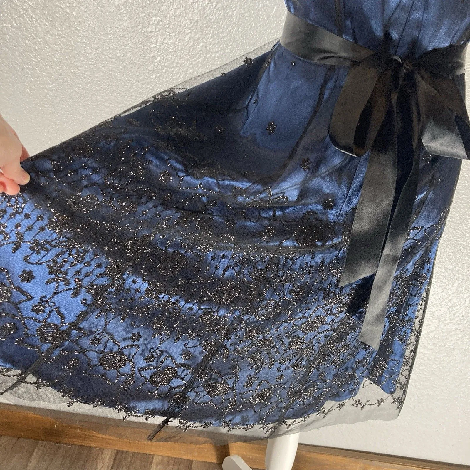 VTG Adrianna Papell Dress 8P Whimsigoth Fairy Y2K Dark Navy Blue Mesh Glitter - Image 10