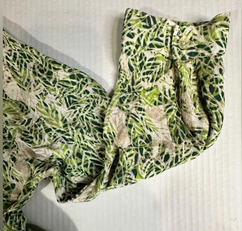 CAbi Faux Wrap Dress Green Tan Hawaiian Tropical Floral Leaf Print Mini Sz Small - Image 4