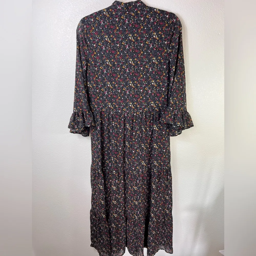 No Frills Ditsy Floral Bell Sleeve Tiered Maxi Dress Size S Black - Image 2