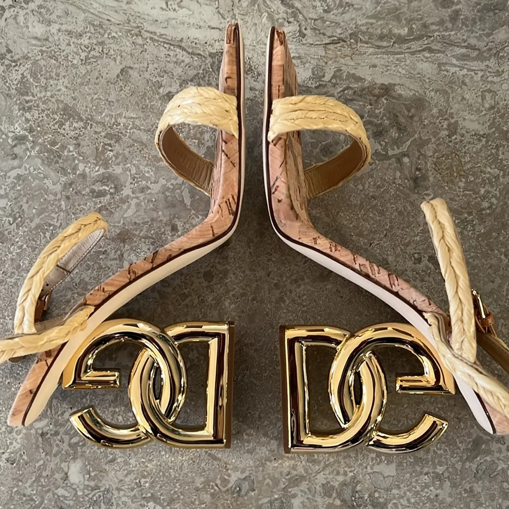 Logo Heel Ankle Strap Sandals in Gold Tan, New in Box - Image 8