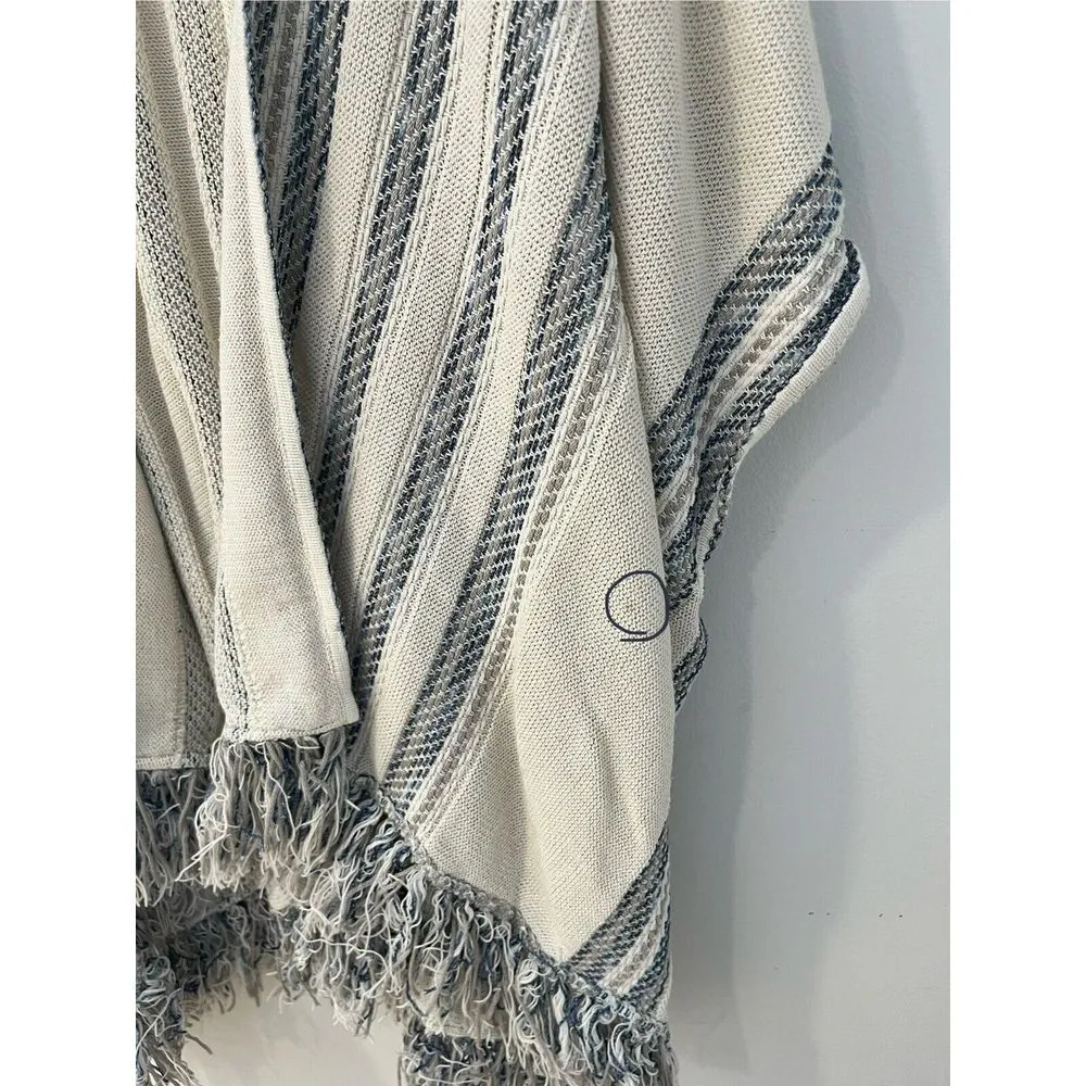 Lucky Brand Shawl Boho Poncho Womens Size M/L Woven Striped Open Fringe Cream - Image 4