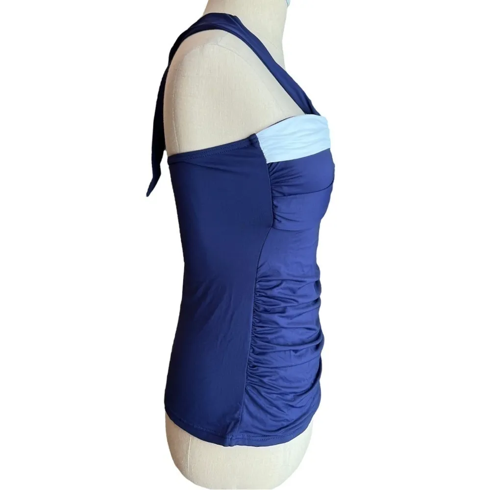 ANNE Cole Retro Navy Blue & White Halter Bandeau Tankini Top Size Small - Image 5