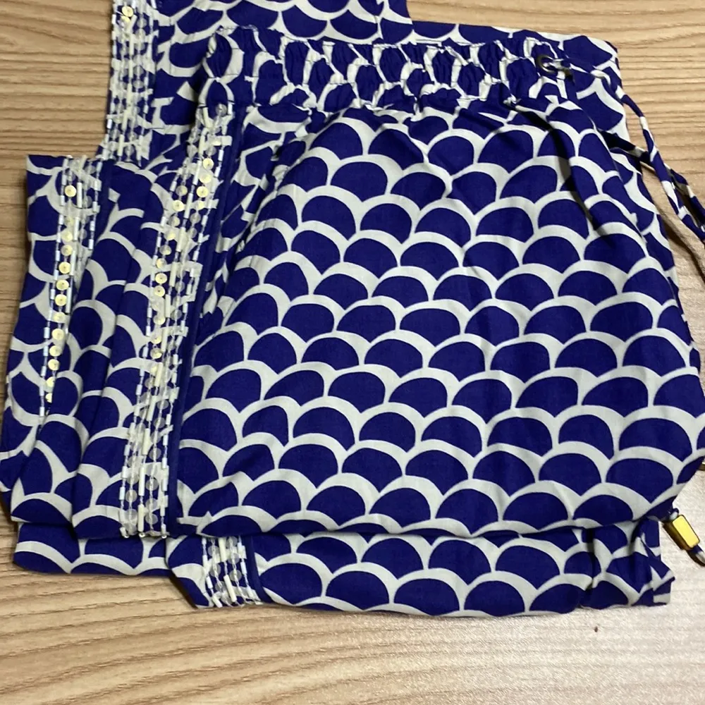 Anthropologie Blue & White Print Sequins Trim Pants S - Image 5