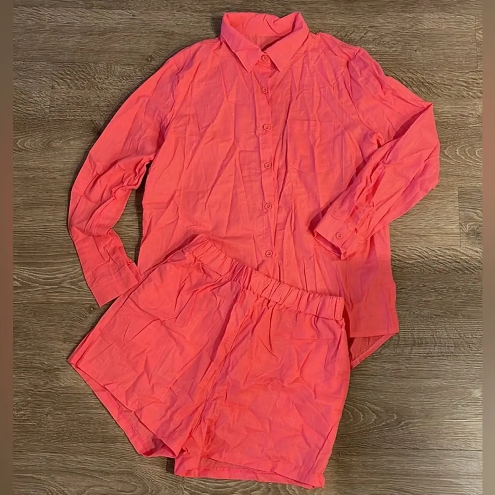 Lands and Hot Pink 2-Piece Shorts M 10-12 Set long sleeve shirt L(14-16) Linen - Image 2