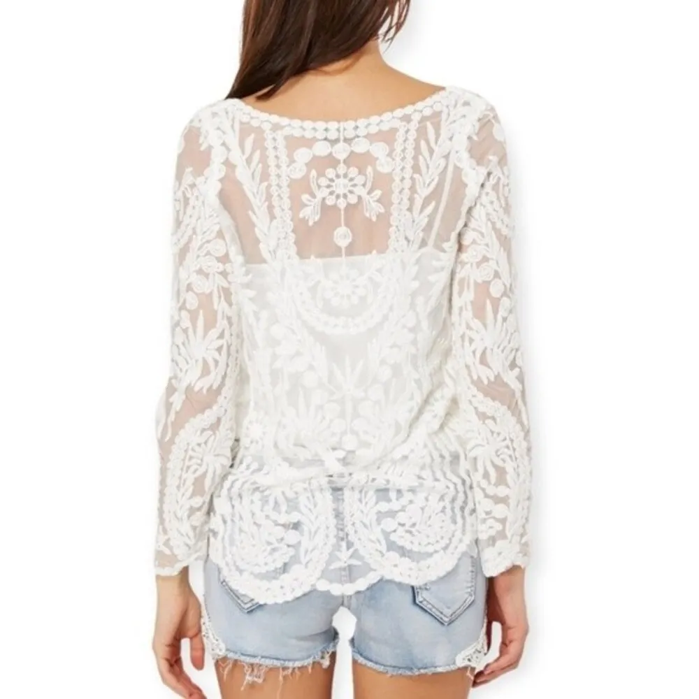 You Are Not Alone Ivory Lace Crochet Mesh Long Sleeve Top White Size L - Image 2