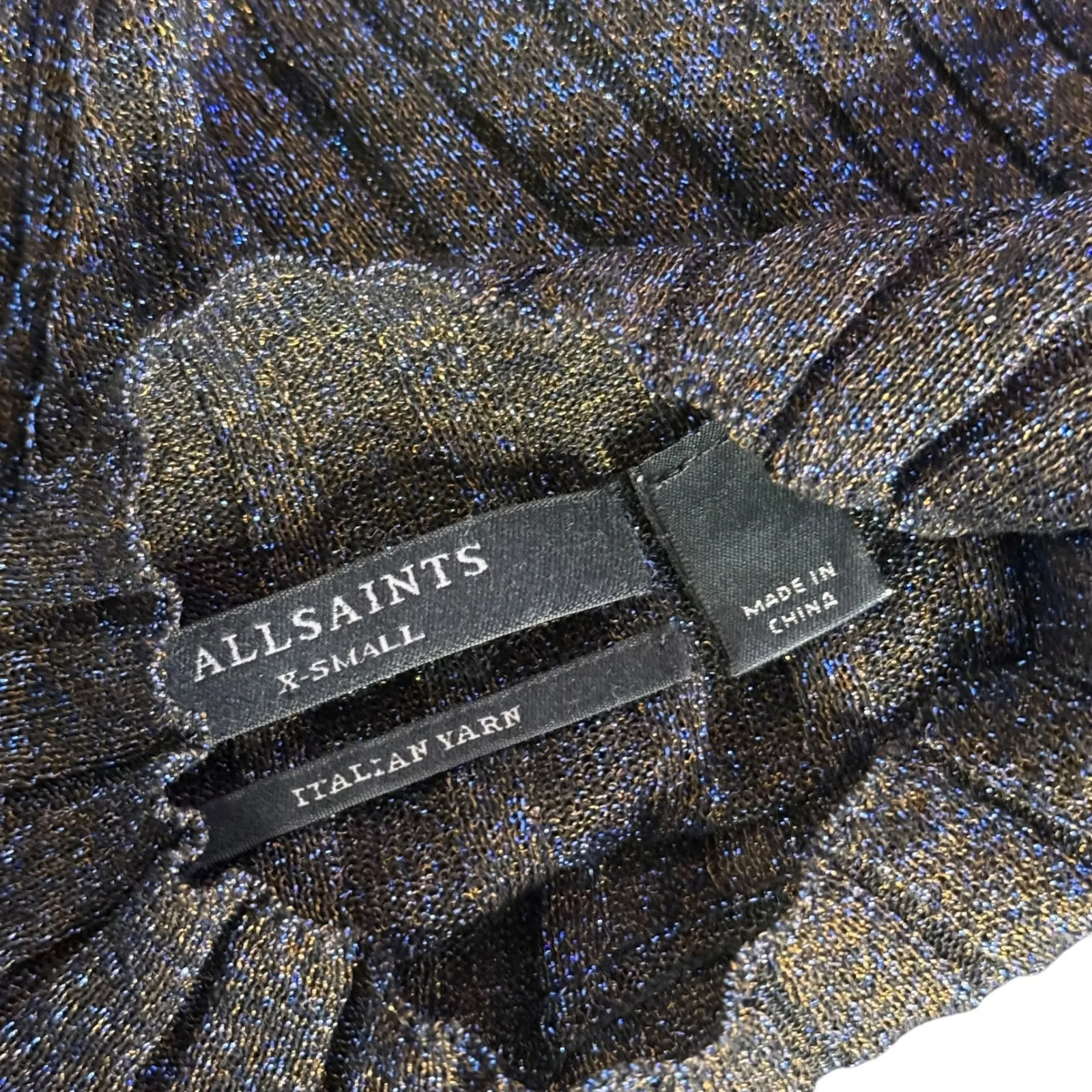 AllSaints Patrice Ribbed Knit Sheer Top Size XS Sparkly Metallic Blue Mock Neck‎ - Image 3