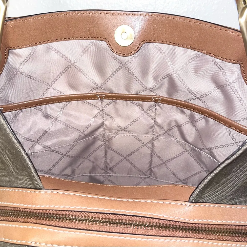 MICHAEL KORS Olive Camel Raven Canvas Leather Shoulder Tote Purse Handbag - Image 13