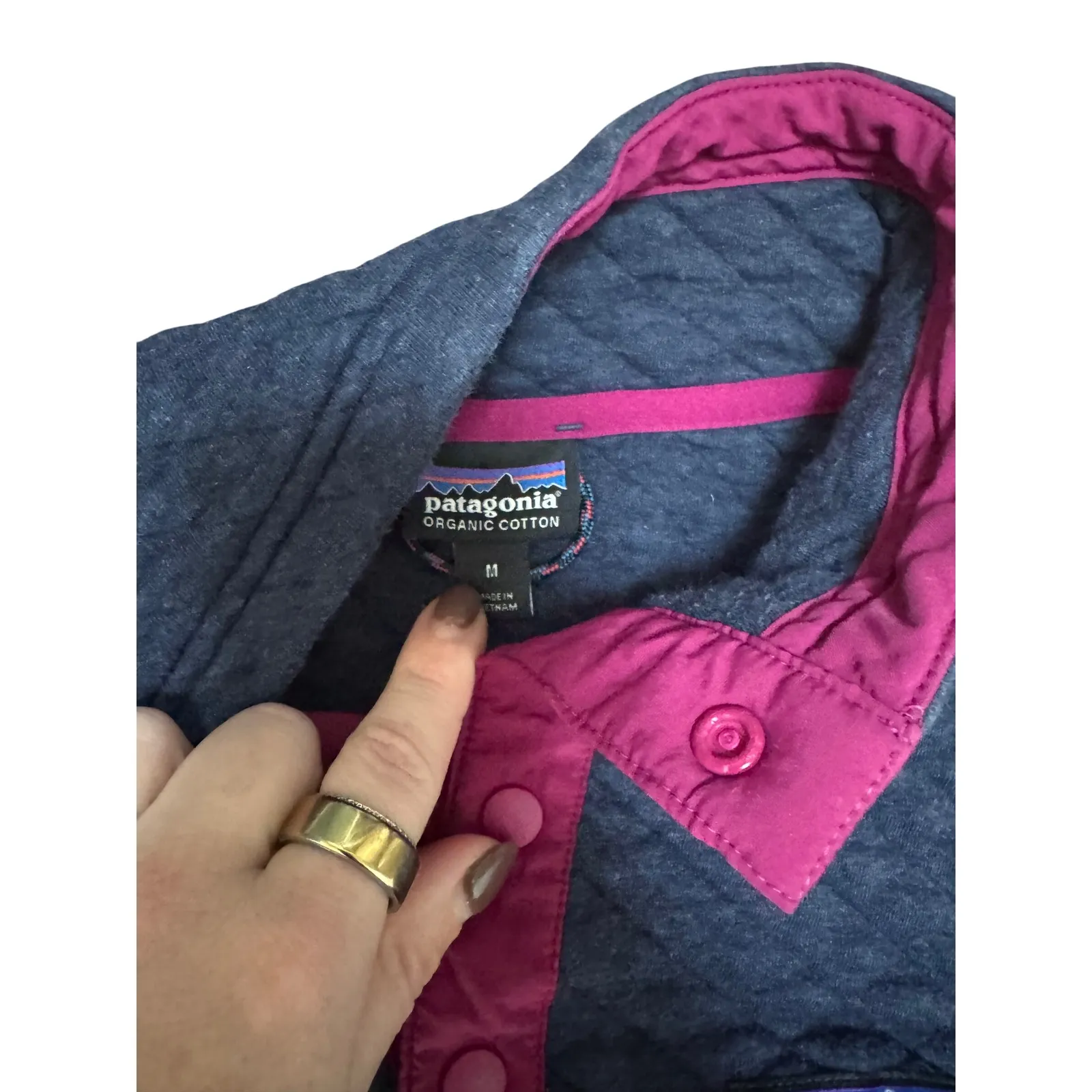 Patagonia Quilted Snap Neck Pullover Sweatshirt Blue Pink Women's M - Image 3