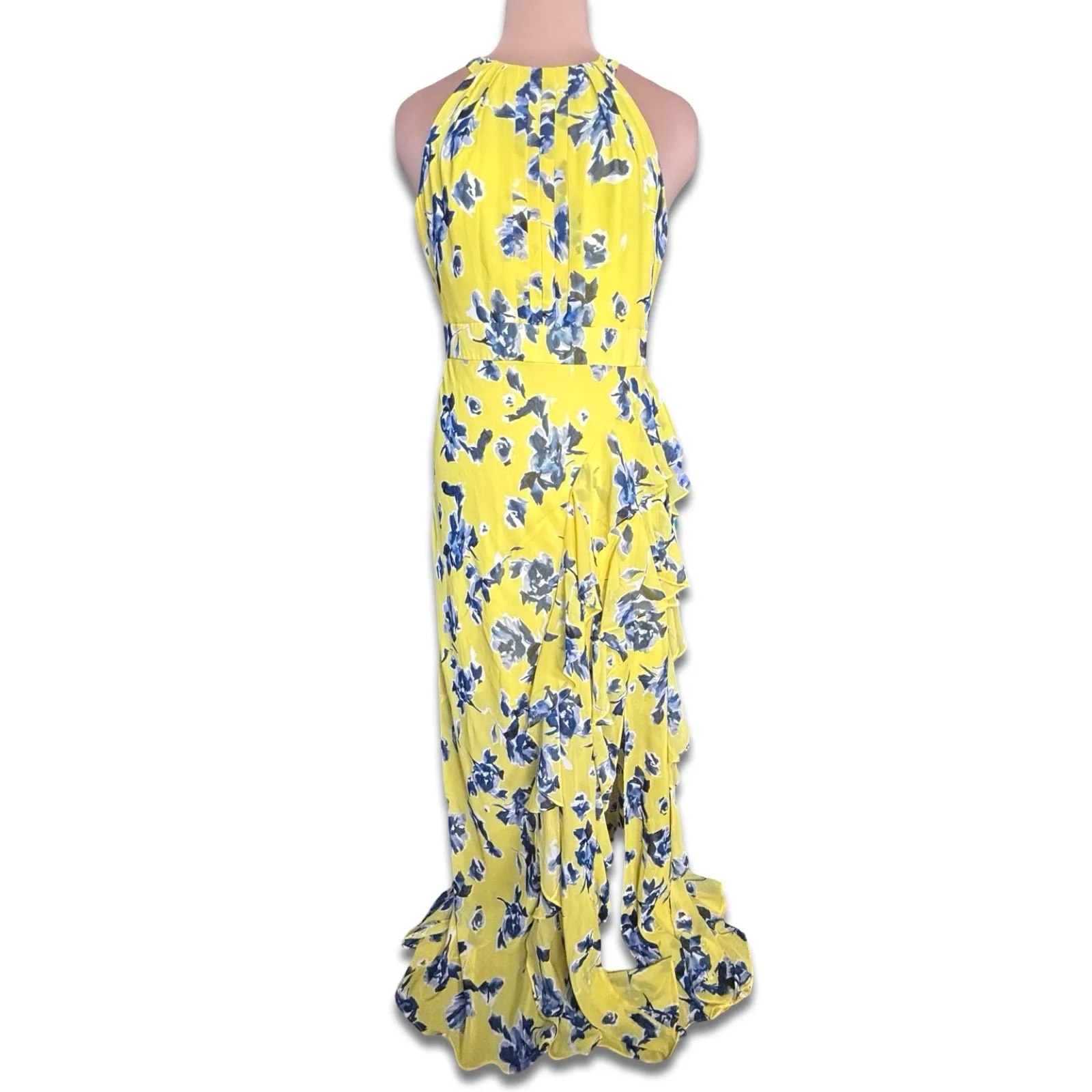 Eliza J Yellow Blue Floral Halter Ruffle Maxi Dress Size 12 Feminine Romantic - Image 12
