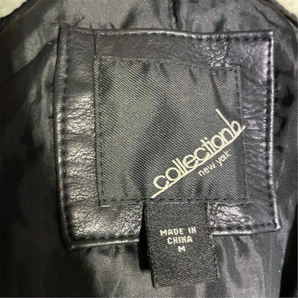 Women's Black Faux Leather Jacket M Quilted Sleeves Sherpa Collar Size M - Image 10