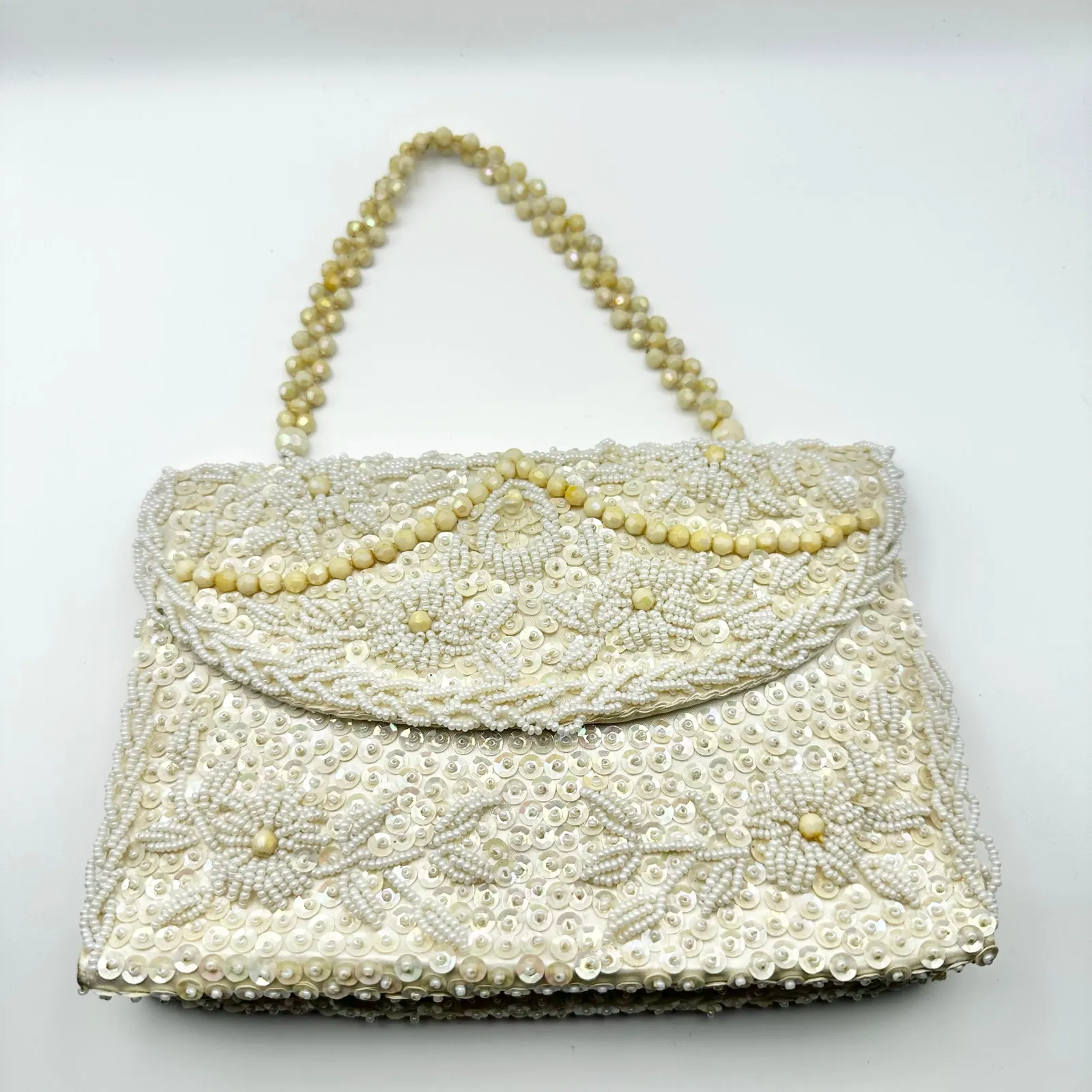 Vintage Ivory Silk Bead Sequin Front Flap Evening Bag Top Handle Strap Hong Kong - Image 1
