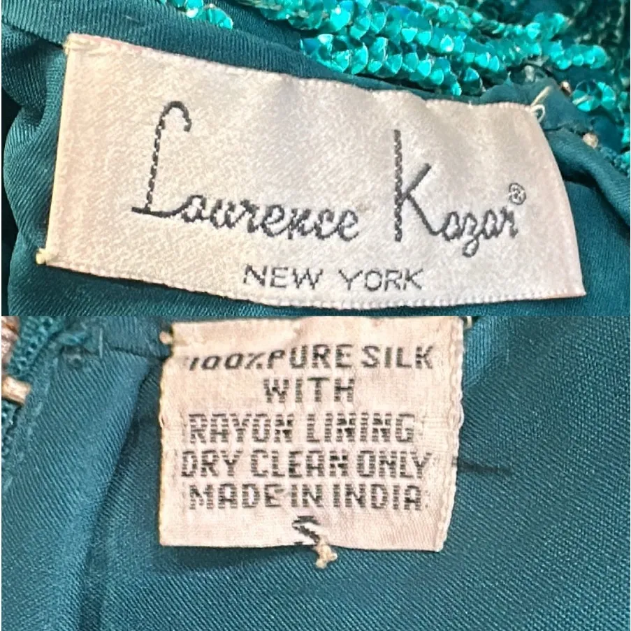 VTG 80s Laurence Kazar Teal Blue Silk Beaded Sequin Dress Art Deco Retro Glam XS - Image 14