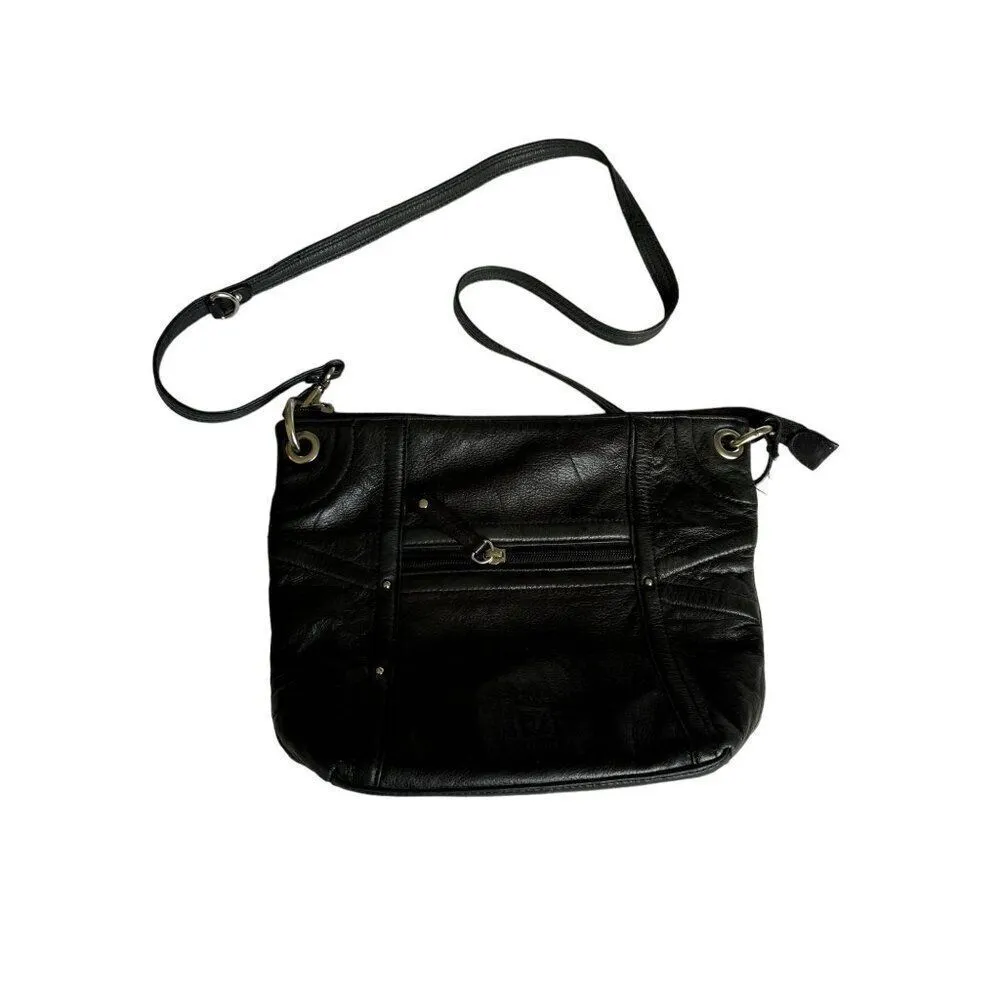 Stone Mountain Black Leather Crossbody Bag With Pink Lining & Multiple Pockets - Image 8