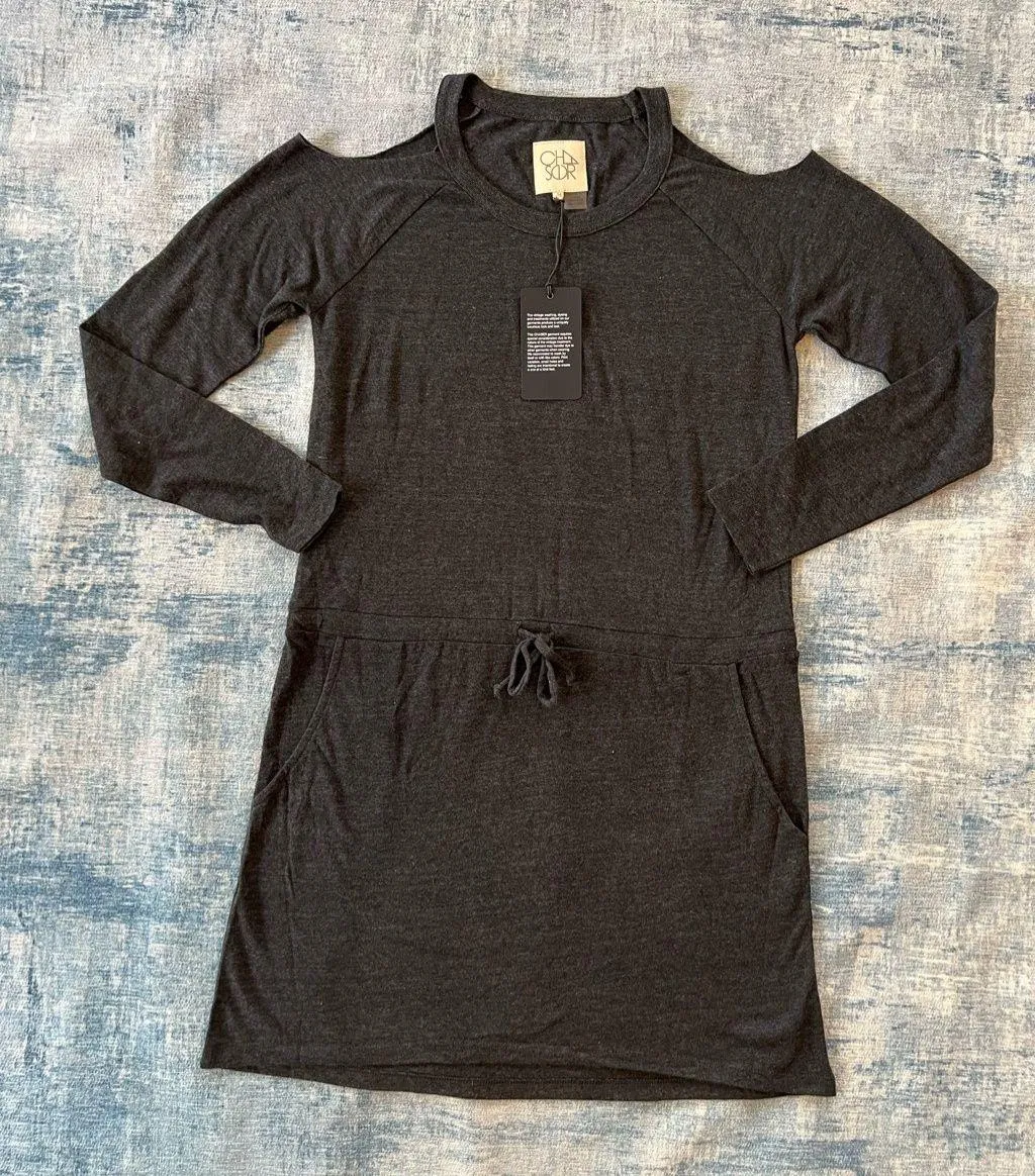 Chaser  Charcoal Gray Cold Shoulder Drawstring Waist Dress w Pockets Medium - Image 2