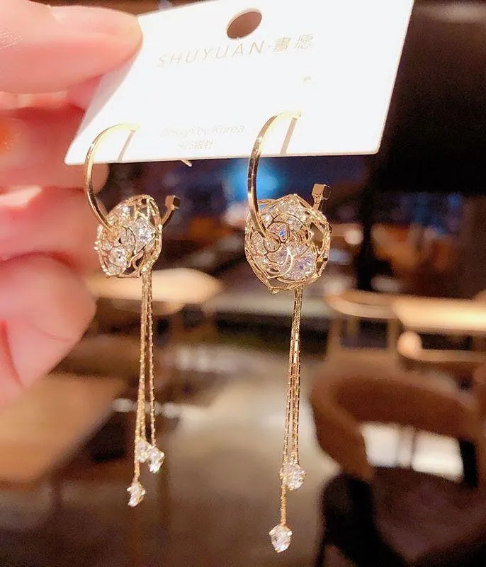 Women's Crystal Rose Flower Tassel Dangle Drop Earrings Gold - Image 3