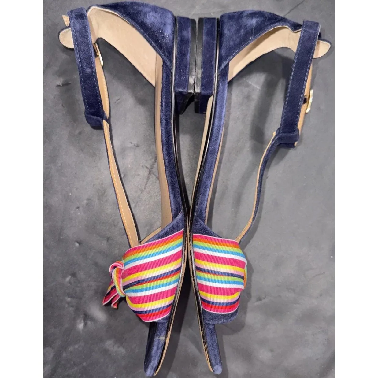 ANTHROPOLOGIE "Elenore" Blue Suede Preppy Designer Classic T-Strap Sandals 8 - Image 5