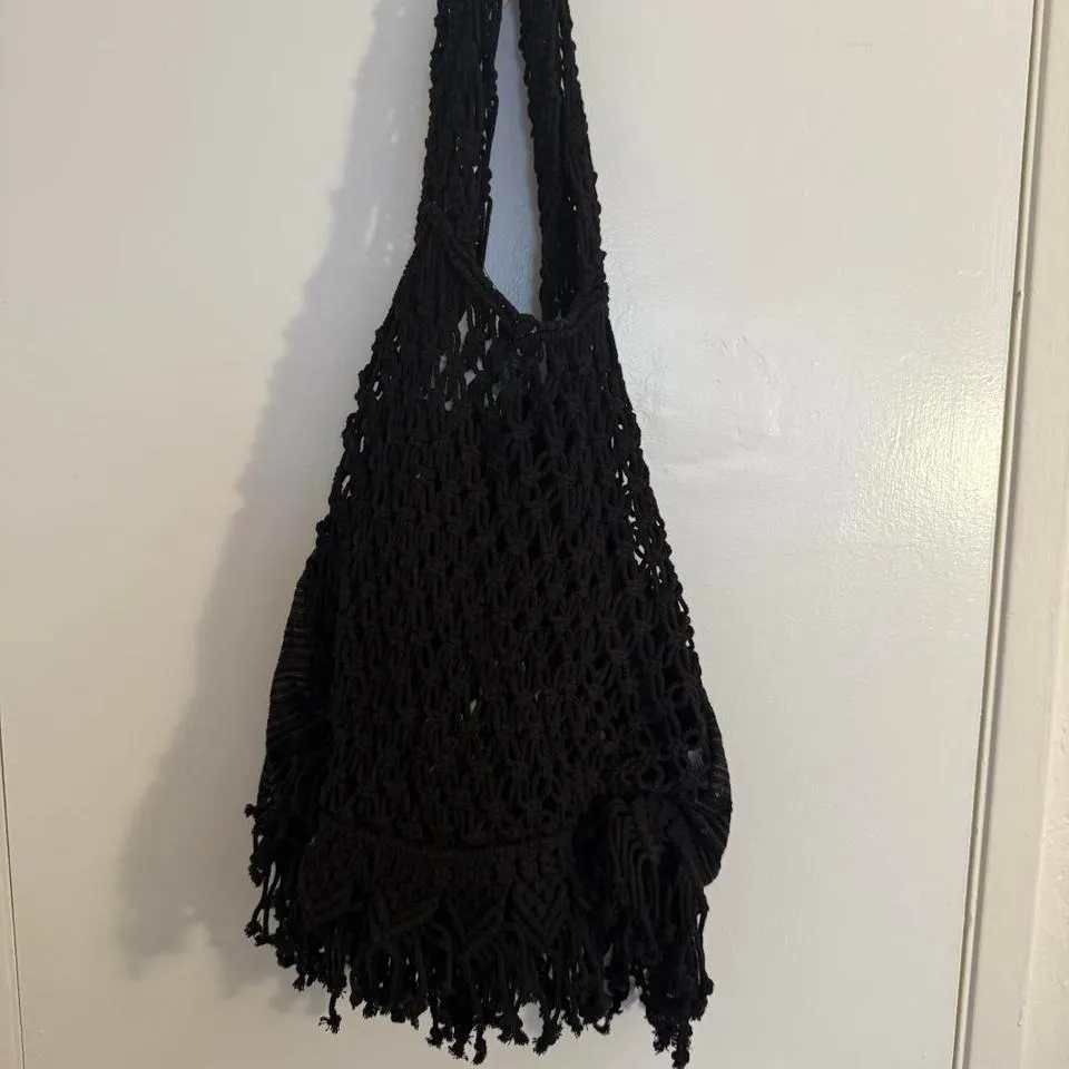 Volcom Black Macrame Fringe Tote Bag Beach Festival Boho - Image 5