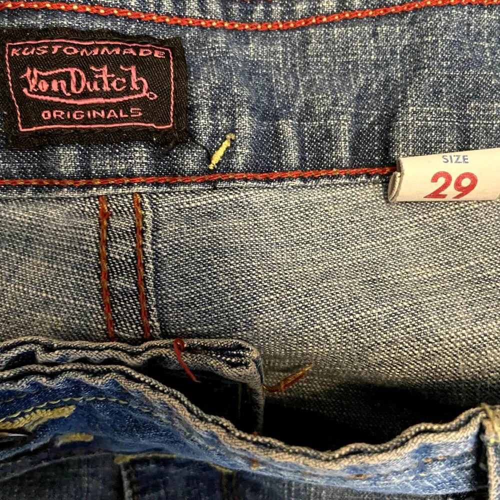 Von Dutch Pink Patch Flare Jeans Y2K Vintage 100% Cotton Low Rise Medium Wash 29 - Image 3