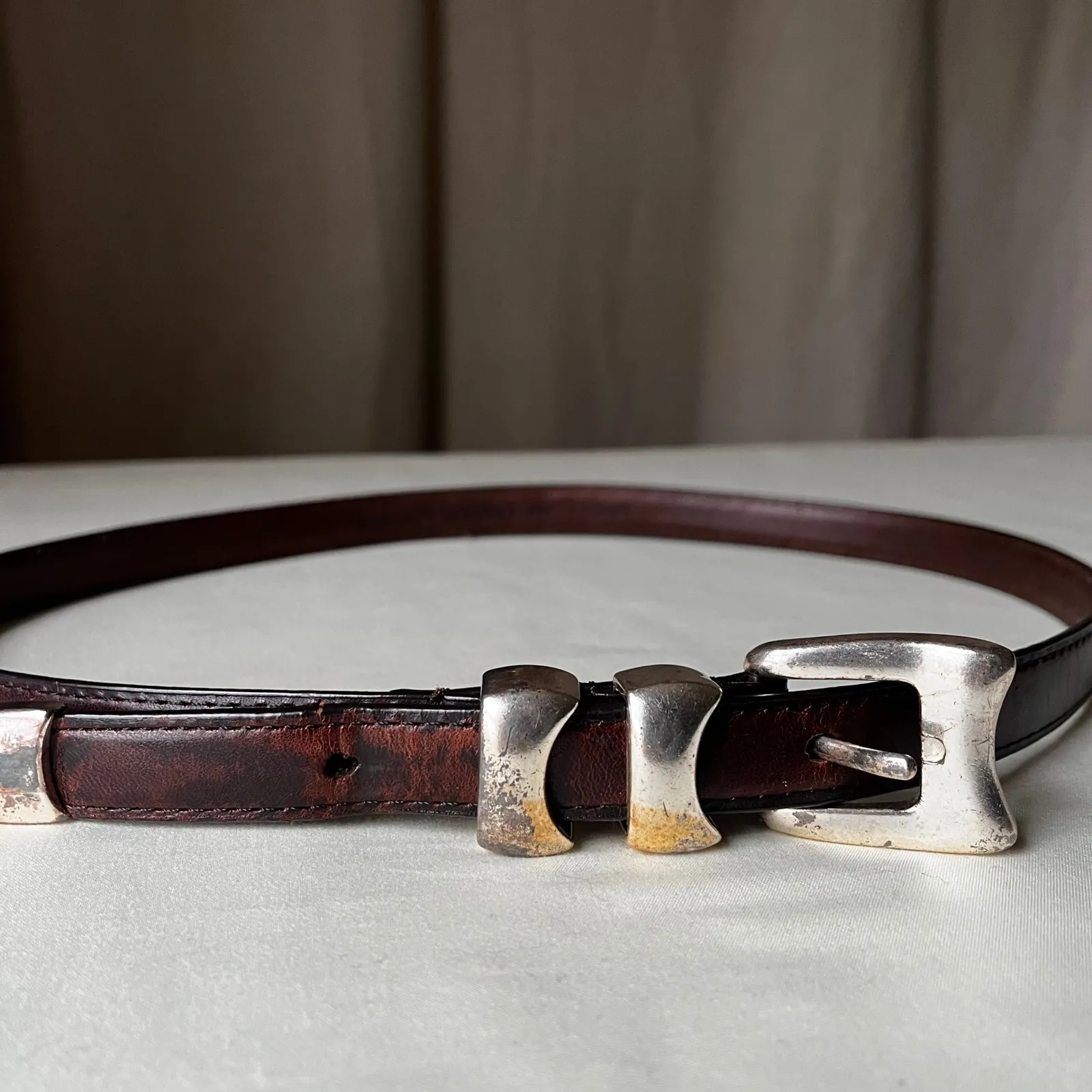 Vintage Brown Leather Belt 0.75" Silver Buckle Size M/L Oil Tanned Cowhide - Image 2