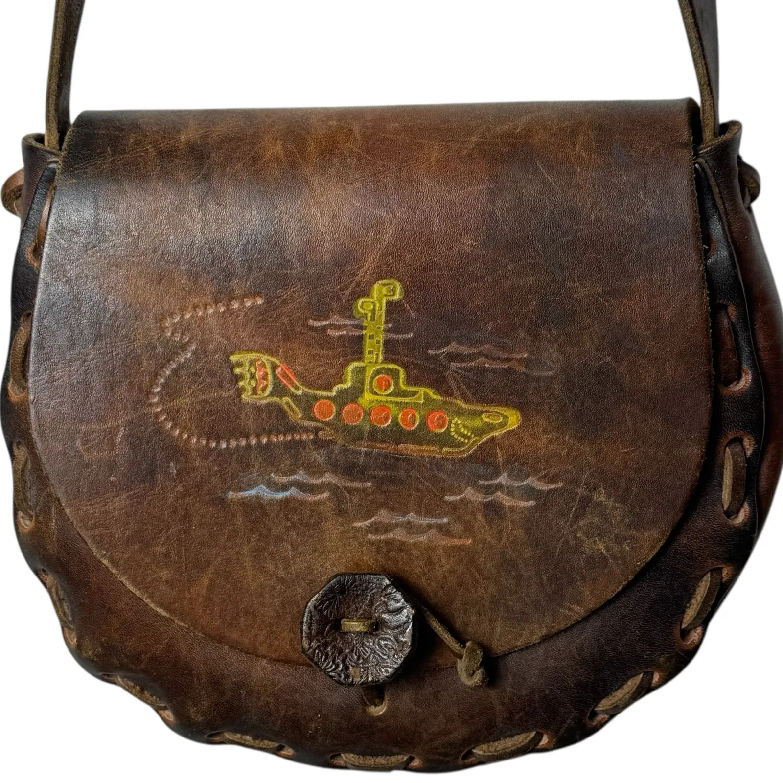 Vintage 100% Leather Saddle Bag Purse Brown Distressed Boho Chic Submarine - Image 4