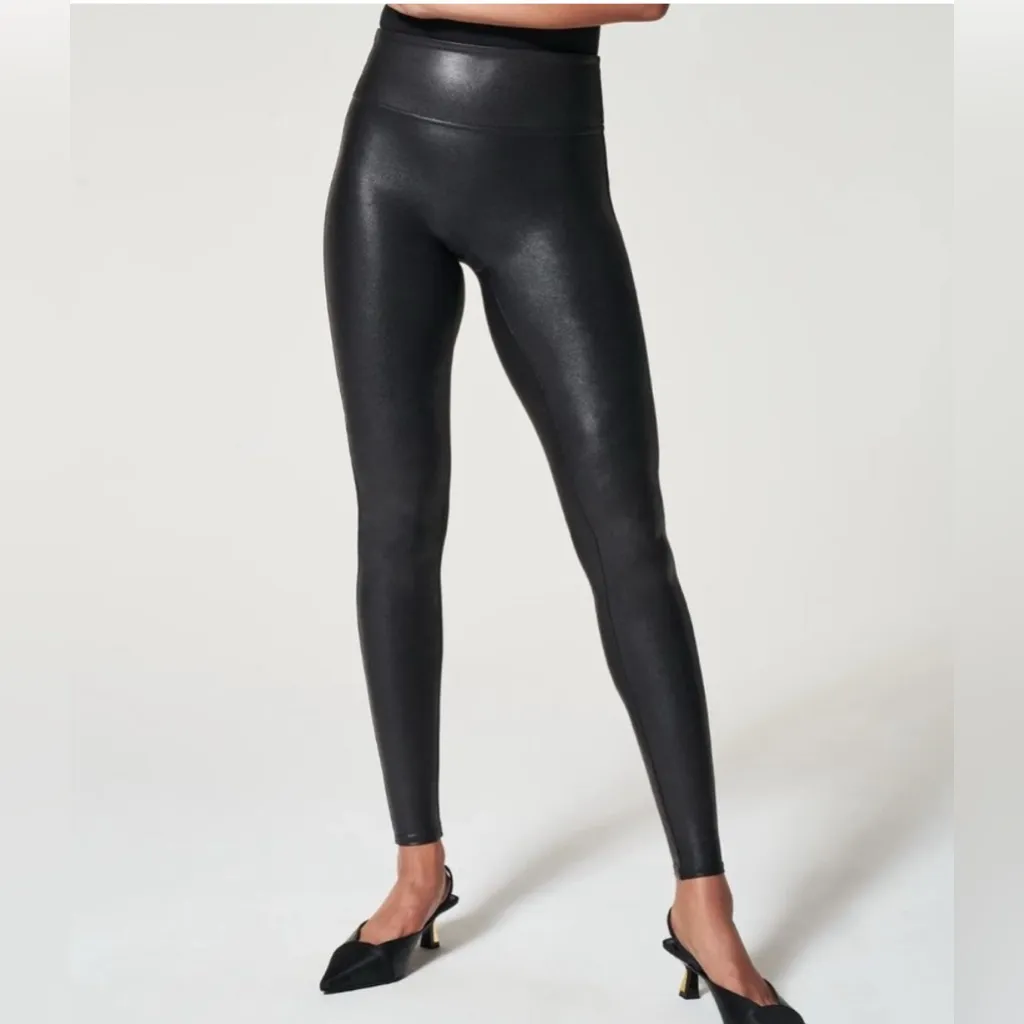 Spanx Black Faux Leather Leggings 1X High Waist Stretch Shaping Moto Slim Biker - Image 4