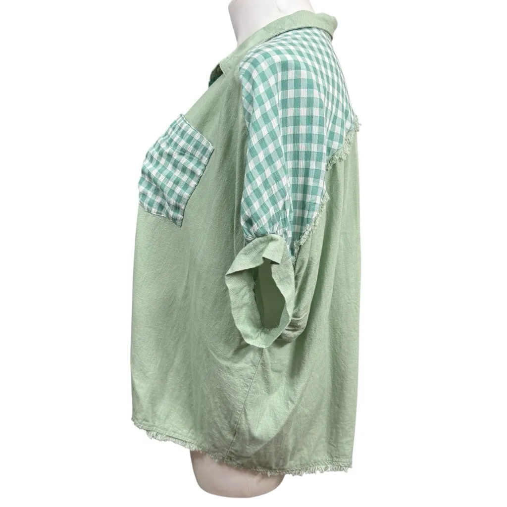 Umgee Oversized Green Gingham Patchwork Button Down Shirt Women's Size Large - Image 6