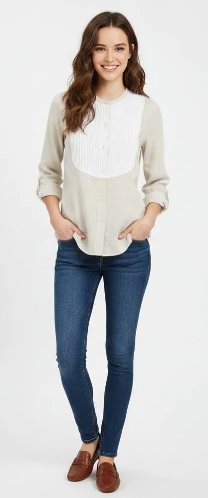 Ann Mashburn tan & white linen button down shirt linen Size extra small - Image 1