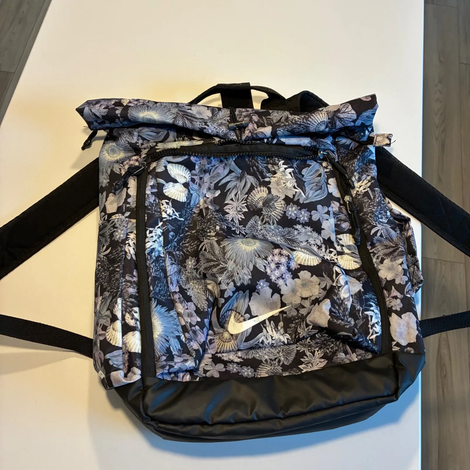 Nike Women's Floral Roll Top Backpack Black Blue White Casual Gym Travel - Image 5