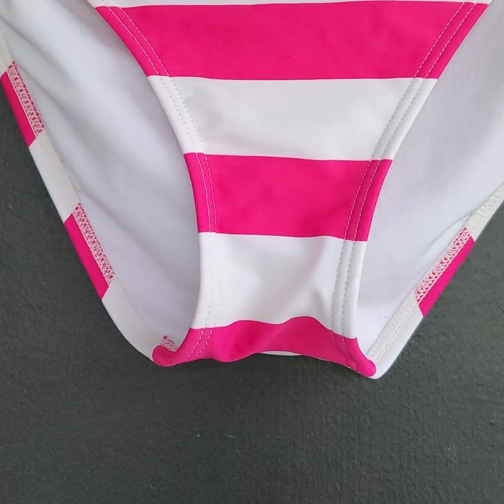 Malibu Pink White Stripped Black Tie Sides Bikini Swim Bottoms L Size L - Image 4