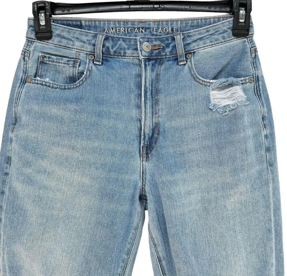 American Eagle SZ 6 Mom Jeans Distressed Rips High-Rise Zip-Fly Pockets Blue - Image 2