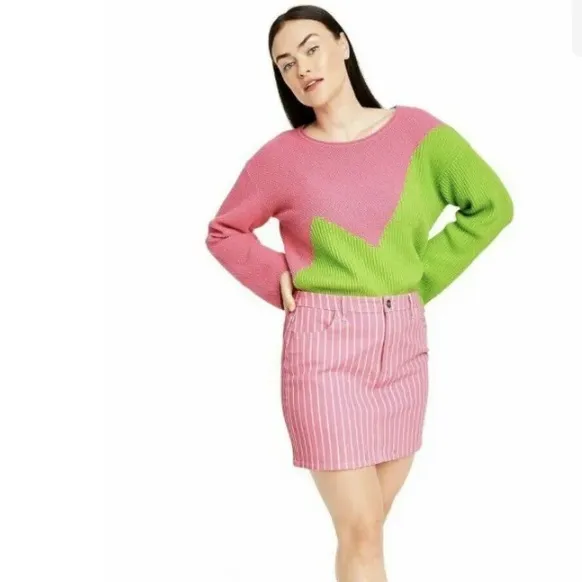 Victor Glemaud For Target Skirt 12 Pinstripe High Rise Mini Jean Skirt Pink NWT - Image 5