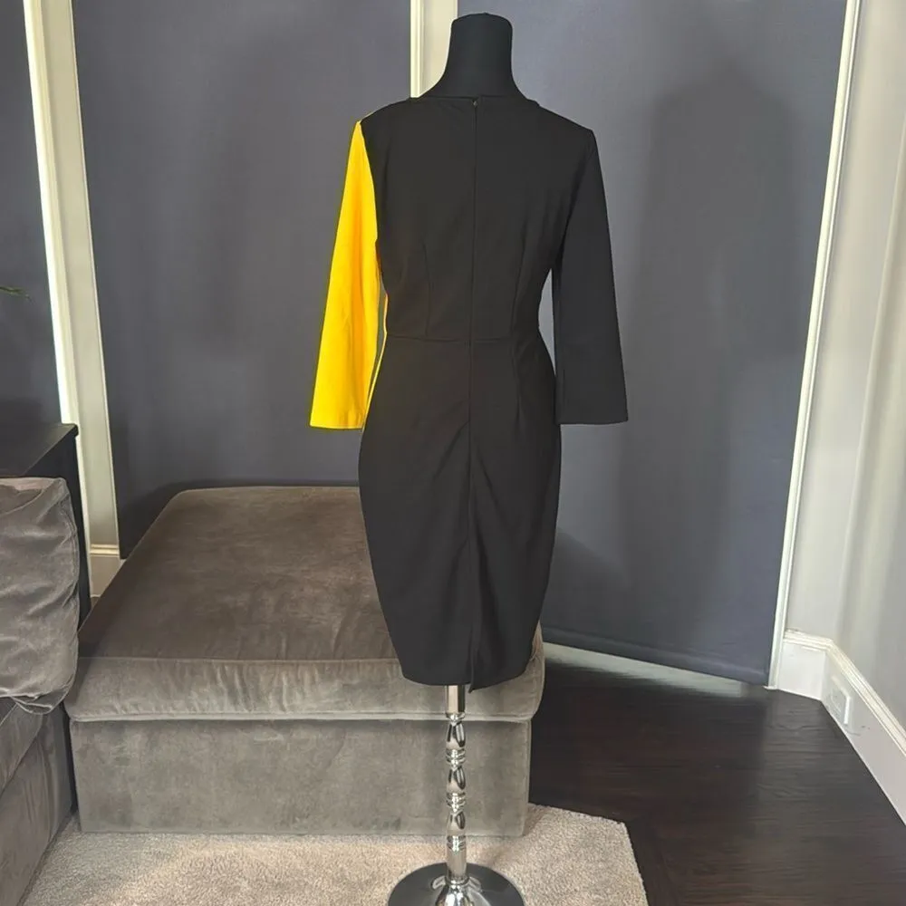 Women’s Black & Yellow Asymmetrical Ruffled Front Midi Dress 3/4 Sleeve Size S - Image 4