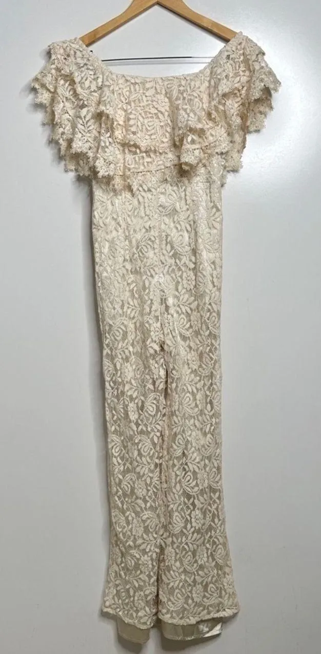 Waiting For Forever Cream Lace Off The Shoulder Jumpsuit Size XS - Image 3