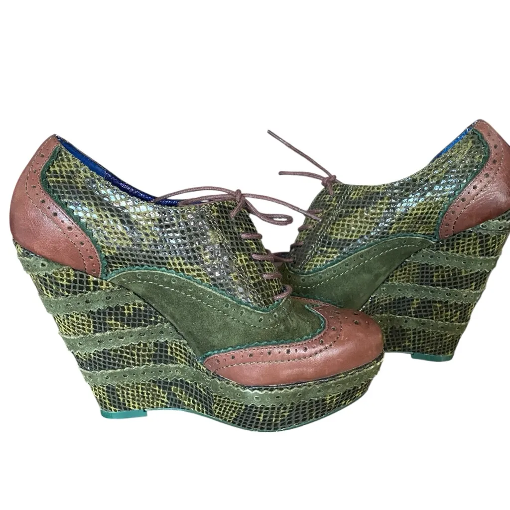 Poetic License Wild Safari Green Brown Leather Oxford Wedge Platform Heels 39 Size 7 - Image 6