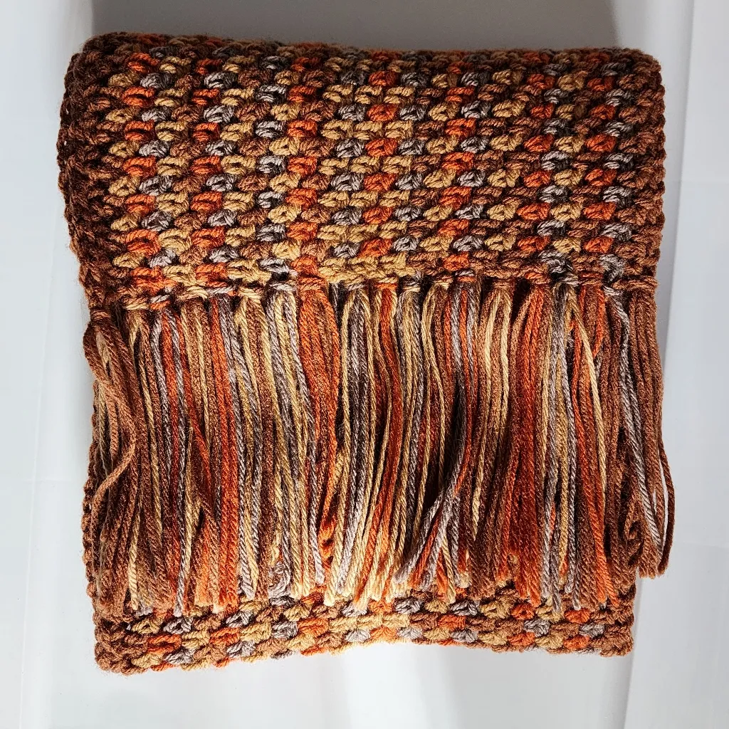 New Handmade Crochet Scarf Fringes Orange Beige Taupe Brown - Image 4